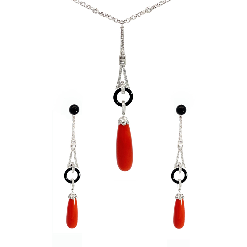18K Gold Diamond and Coral Necklace Set